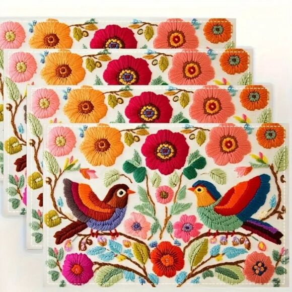 Floral Bird Pattern Linen Placemats 4pcs. - Picture 1 of 8